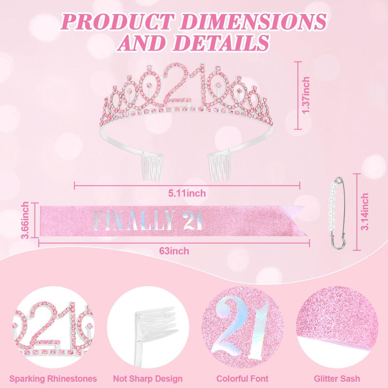 CAVETEE Birthday Headband for women, 21st Birthday Decorations Finally 21 Sash and Crown for 21st Party (Pink, Onesize) - Image 3